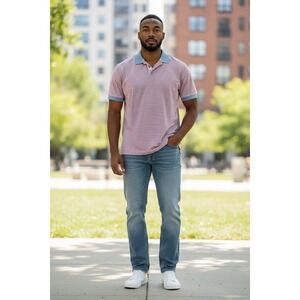 Burberry Golf Men's Striped Polo Shirt Red Blue White Short Sleeve Collar